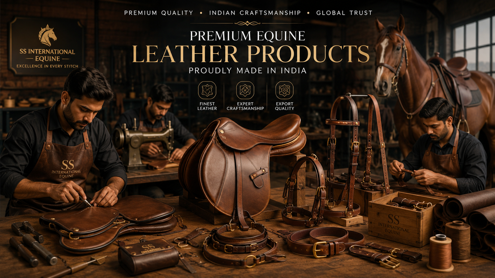 Indian artisans manufacturing premium equine leather horse tack and riding equipment
